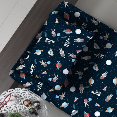 Jogo de Cama Portallar Solteiro Malha Mista 65% Algodão e 35% Poliéster Estampado Planetas Space 2 Pçs Azul