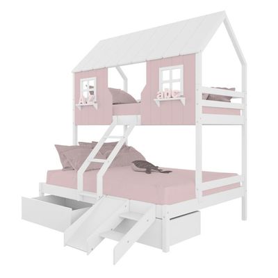 Beliche Casal/ Solteiro Casinha Encantada 02 Gavetas Kit Escada/ Escorregador Madeira Maciça Branco