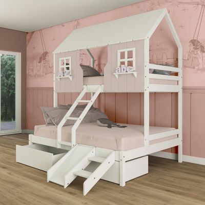 Beliche Casal/ Solteiro Casinha Encantada 02 Gavetas Kit Escada/ Escorregador Madeira Maciça Branco