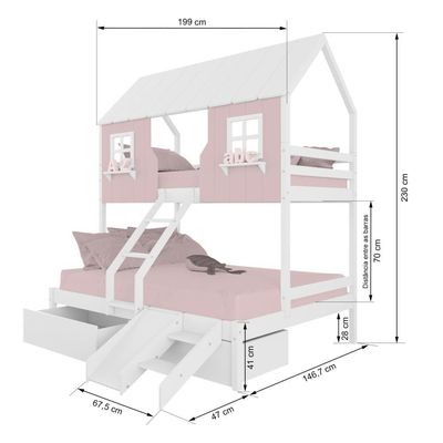 Beliche Casal/ Solteiro Casinha Encantada 02 Gavetas Kit Escada/ Escorregador Madeira Maciça Branco