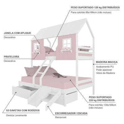 Beliche Casal/ Solteiro Casinha Encantada 02 Gavetas Kit Escada/ Escorregador Madeira Maciça Branco