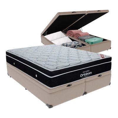Cama+ Box Com Bau Ortobom Colchão Queen Com Molas Ensacadas Bege