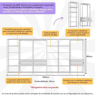 Guarda-roupas Closet Modulado 405cm 6 Peças Com 6 Gavetas E Cabideiros Multimóveis Mp4322 - Branco