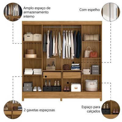 Guarda Roupa Casal com Espelho 8 Portas 2 Gavetas Marajó Moval Freijó/Cinza
