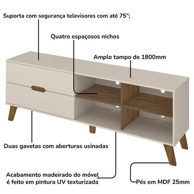 Rack Bancada Tv 75 Pol Mdf 2 Gavetas Cedro Off White Arly Cedro Off White