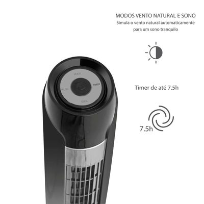 Ventilador de Torre 90cm Spirit SKY com 3 Velocidades, Controle Remoto e Timer de até 7h30 – Preto Preto / 220