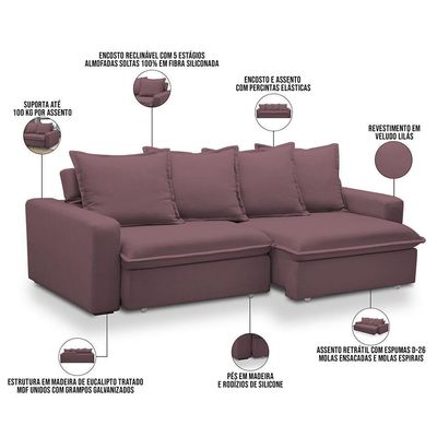 Sofá Retrátil Reclinável Para Sala De Estar Living 195cm Vêneto F04 Veludo Lilás - Lyam Decor