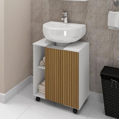 Gabinete Banheiro Pia De Coluna Pequin 56 Cm Bechara Branco Ripado