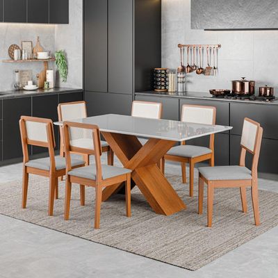 Conjunto De Mesa Sala De Jantar Tampo Com Vidro 6 Cadeiras