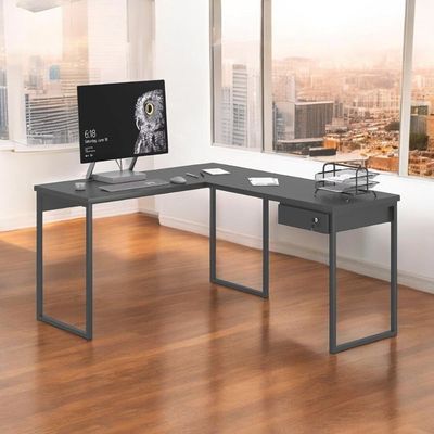 Mesa Home Office Escrivaninha L Industriale Preta Com Gaveteiro