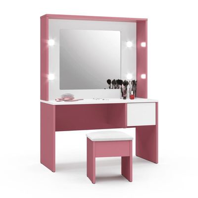 Penteadeira Infantil Diana Led E Banqueta Rosa-branca