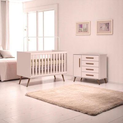 Conjunto Infantil Retrô Rosa Orion: Berço Orion Mini Cama + Cômoda Luma