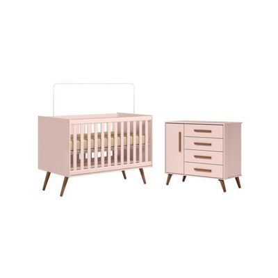 Conjunto Infantil Retrô Rosa Orion: Berço Orion Mini Cama + Cômoda Luma