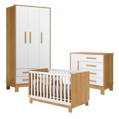 Conjunto Infantil Luar Freijo-branco: Berço Luar Mini Cama + Cômoda Luar + Guarda-roupa Luar