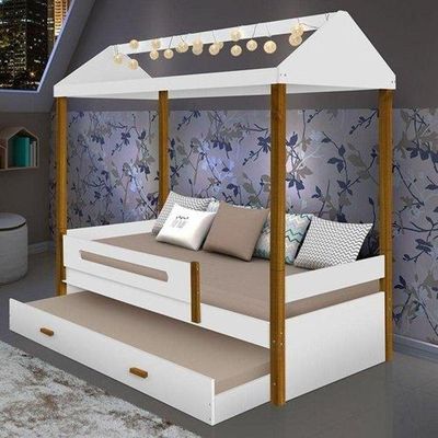 Cama Casa Sara Branca Com Cama Auxiliar Com 2 Colchões E Led
