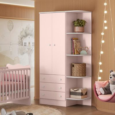 Conjunto Infantil Aurora Rosa: Berço Aurora + Kit Rodízios + Cômoda Aurora + Guarda-roupa Aurora