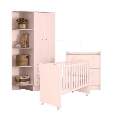 Conjunto Infantil Aurora Rosa: Berço Aurora + Kit Rodízios + Cômoda Aurora + Guarda-roupa Aurora
