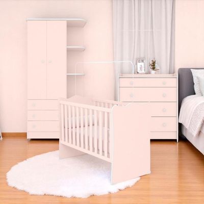 Conjunto Infantil Aurora Rosa: Berço Aurora + Kit Rodízios + Cômoda Aurora + Guarda-roupa Aurora