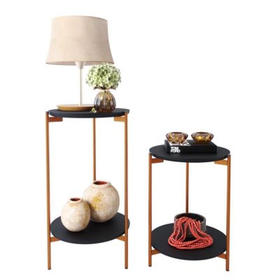 Conjunto Mesa De Centro E Lateral Lunis Preto Com Pés De Ferro Bronze