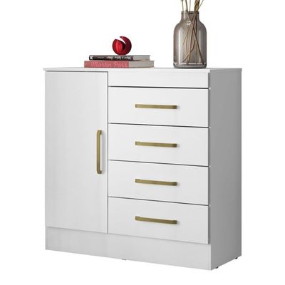 Cômoda 4 Gavetas 1 Porta Com Rodizios Chile - Branco-rosa-branco Branco-rosa-branco