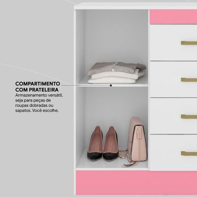 Cômoda 4 Gavetas 1 Porta Com Rodizios Chile - Branco-rosa-branco Branco-rosa-branco