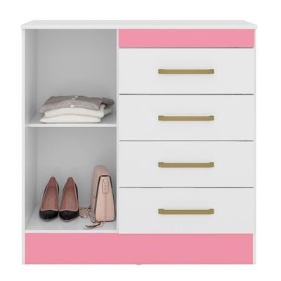 Cômoda 4 Gavetas 1 Porta Com Rodizios Chile - Branco-rosa-branco Branco-rosa-branco