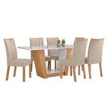 Conjunto Mesa 170 Tampo Vidro/MDF Apogeu com 6 cadeiras.Apogeu Veludo Creme Amêndoa/Off White