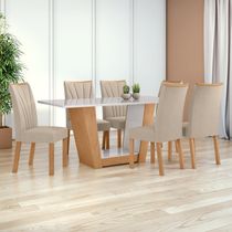 Conjunto Mesa 170 Tampo Vidro/MDF Apogeu com 6 cadeiras.Apogeu Veludo Creme Amêndoa/Off White