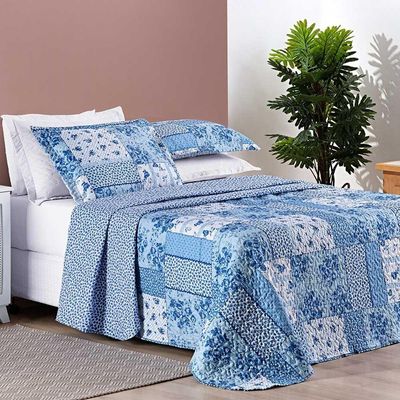 Kit Cobre Leito Colcha Dallas Casal Padrão Dupla Face Estampada 3 Peças - Azul Sereno Patchwork
