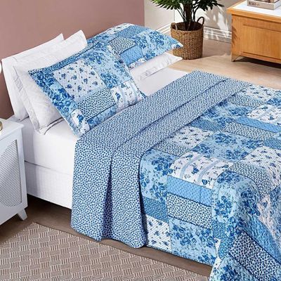 Kit Cobre Leito Colcha Dallas Casal Padrão Dupla Face Estampada 3 Peças - Azul Sereno Patchwork
