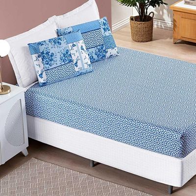 Jogo De Cama Lençol Dallas Solteiro Microfibra 2 Peças - Azul Sereno Patchwork
