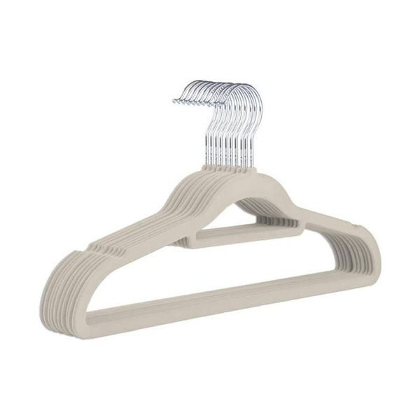 Kit Com 10 Cabides Slim Veludo Flocado Bege Gancho De Metal