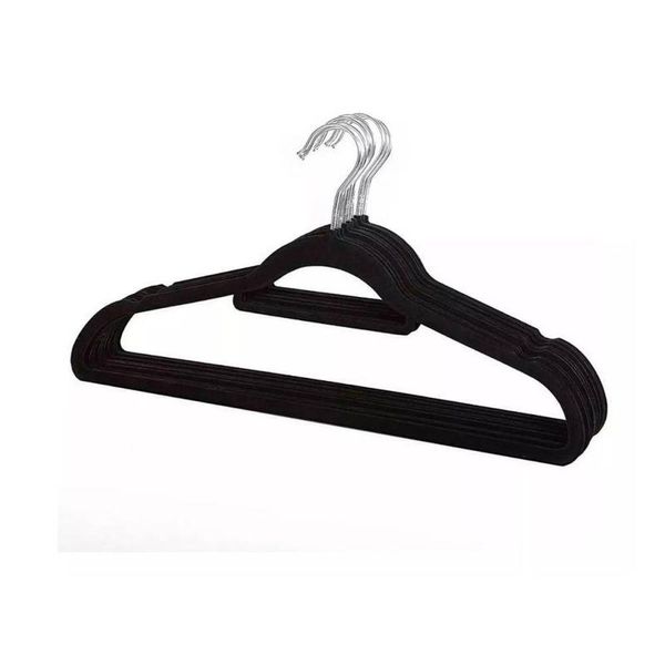 Kit Com 10 Cabides Slim Veludo Flocado Preto Gancho De Metal