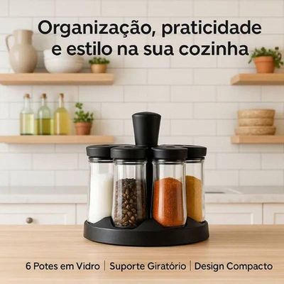 Porta Condimentos Preto 06 Potes De Vidro Suporte Giratório