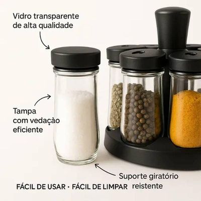 Porta Condimentos Preto 06 Potes De Vidro Suporte Giratório
