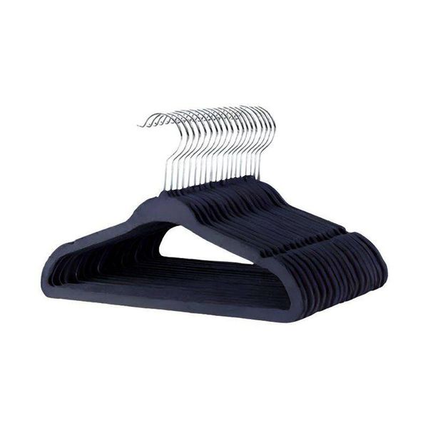 Kit Com 10 Cabides Slim Veludo Infantil Preto Gancho De Metal