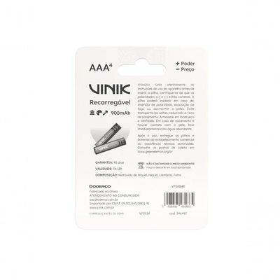 Pilha Recarregável Aaa C/4 - 900mah 1.2v - Vp3ab4r