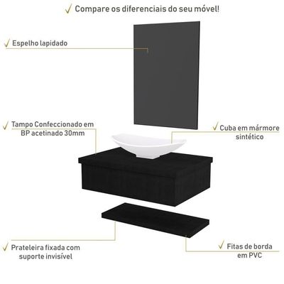 Conjunto Bancada C-cuba L45, Prateleira E Espelheira Metrópole 606 Nogal Preto ônix
