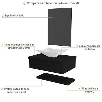 Conjunto Bancada C-cuba L38, Prateleira E Espelheira Metrópole 606 Nogal Preto ônix