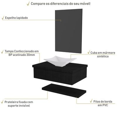 Conjunto Bancada C-cuba L30, Prateleira E Espelheira Metrópole 606 Nogal Preto ônix