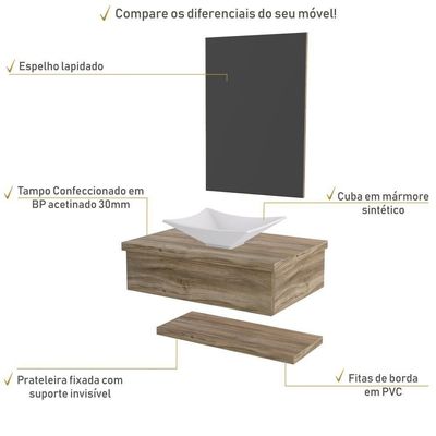 Conjunto Bancada C-cuba L30, Prateleira E Espelheira Metrópole 606 Branco Chess Carvalho