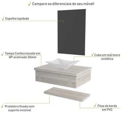 Conjunto Bancada C-cuba L30, Prateleira E Espelheira Metrópole 606 Preto ônix Snow