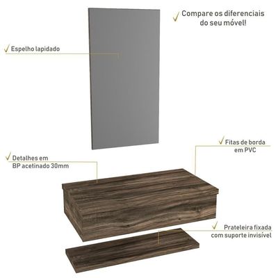 Conjunto Bancada, Prateleira E Espelheira Ktme807 Carvalho Carvalho Dark