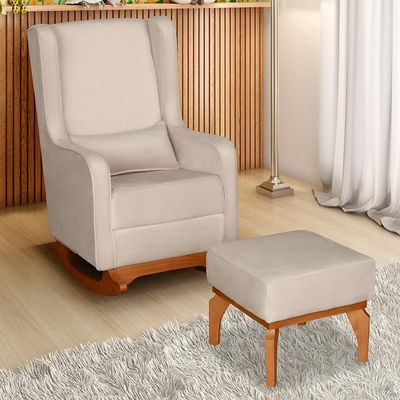 Poltrona De Amamentação Retrô Com Balanço Pés Canoa E Puff Veludo Off White - Fratello