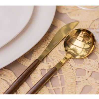 Faqueiro 24 Peças Organic Dourado Aço Inox Com Cabo Em Madeira Lyor