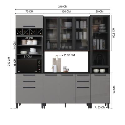 Cozinha Modulada Compacta Fidelitá Mônaco 4 Peças 240cm 10 Portas 4 Gavetas Com Tampo Chumbo/titânio
