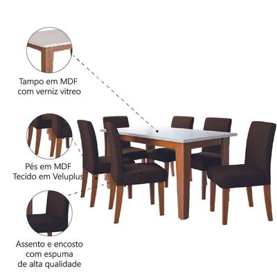 Conjunto de Mesa de Jantar Miami 1,60m com 6 Cadeiras Trieste Dobuê – Madeirado/Chocolate