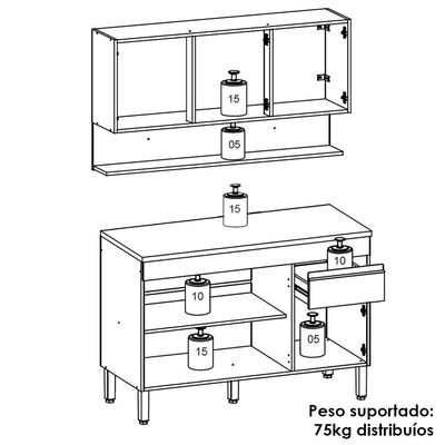 Balcão Com Tampo E Armário Aéreo 120 Cm Line Gris Ktp Gris Cp Freijo