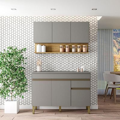 Balcão Com Tampo E Armário Aéreo 120 Cm Line Gris Ktp Gris Cp Freijo