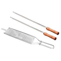Conjunto de Grelha para Coraçãozinho e Espetos Simples Utimil em Aço Cromado, Aço Inox e Madeira  3 Peças
